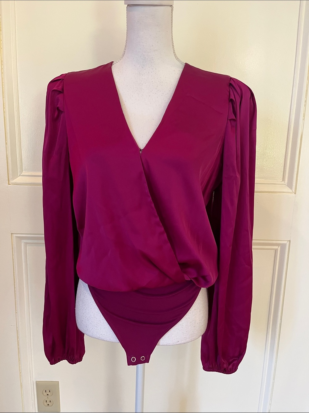 Express Fuchsia Long-Sleeve Surplice Bodysuit